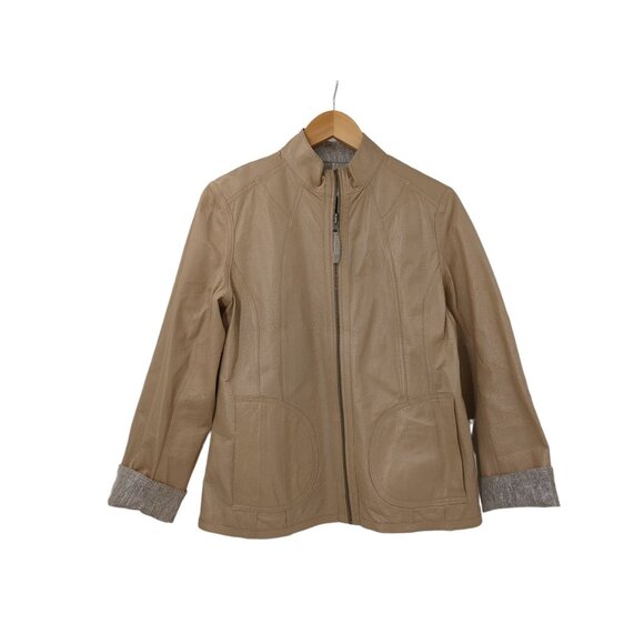 Chicos Reversible Leather Jacket Size 1 M Tan Silver Metallic Travel Full Zip - Picture 3 of 11